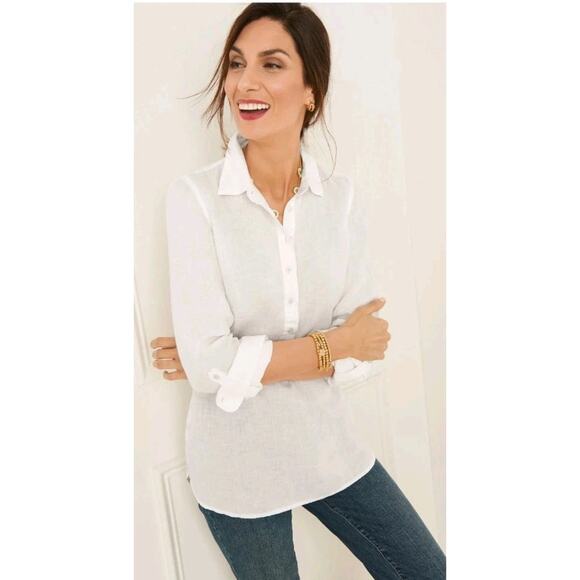 Talbots Women’s 100% Linen Popover Blouse White M Coastal Roll Tab Button Top - Picture 1 of 11